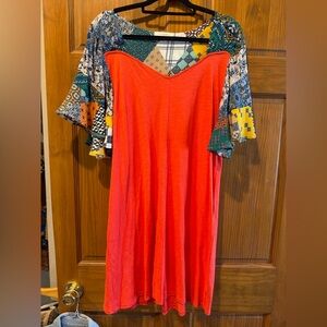 Umgee Red Dress with Multicolored Patchwork Sleeves